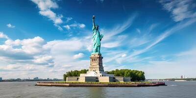 The Statue of Liberty free of tourists and New York City Downtown. . photo