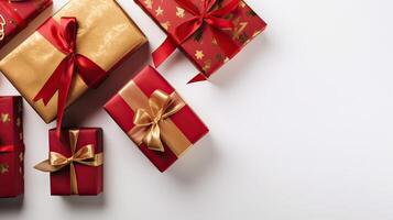 Christmas composition. Gifts, red decorations on white background. Christmas, winter, new year concept. Flat lay, top view, copy space. . photo