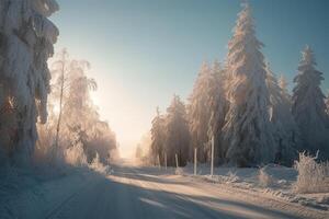 Snowy and frozen mountain road in winter landscape. . photo