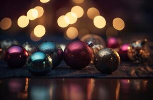 cerca arriba ver de hermosa con brillante oro chuchería o pelota, Navidad adornos y luces, Navidad Días festivos antecedentes. generativo ai. foto