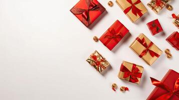 Christmas composition. Gifts, red decorations on white background. Christmas, winter, new year concept. Flat lay, top view, copy space. . photo
