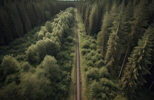 Top view of green forest landscape wallpaper art. Aerial nature scene of pine trees and asphalt road banner design. Countryside path trough coniferous wood form above. . photo