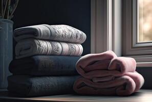 Stack of towels with a soap dispenser in a bathroom closeup. . photo