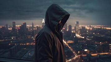 A faceless thief in unrecognizable hoodie standing in the middle of the night in front of the city concept. . photo