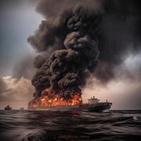 fuego en un carga barco. un Embarcacion que lleva licuado gas es envuelto en llamas explosión y fuego en un gas portador en el alto mares generativo ai. foto