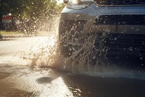 rainwater spraying from car wheels. city road during heavy rain. . photo