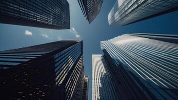 Bottom view of modern skyscrapers in business district. . photo