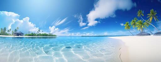 Sky and sun at sea background, ocean and beach island scenery empty cartoon. Ocean or sea water with waves and clouds in sky summer blue seascape with cloudy sky and seaside. photo