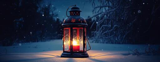 Large vintage white street lamp standing on the snow. Festive Christmas winter decoration. Copy space. . photo