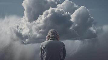 man with his head in his hand. Illustration of man with a big cloud over his head, surreal abstract concept. . photo