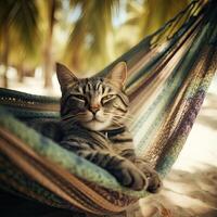 cute cat lying in hammock on beach with palm trees. Cute cat on vacation lying in hammock on beach with palm trees. Generative Ai. photo