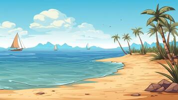 Sky and sun at sea background, ocean and beach island scenery empty cartoon. Ocean or sea water with waves and clouds in sky summer blue seascape with cloudy sky and seaside. photo