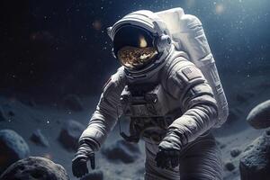 Astronaut on a rock surface with a space background. an astronaut standing on the lone planet with him looking forward. photo