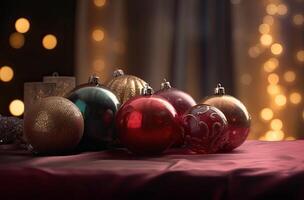 cerca arriba ver de hermosa con brillante oro chuchería o pelota, Navidad adornos y luces, Navidad Días festivos antecedentes. generativo ai. foto