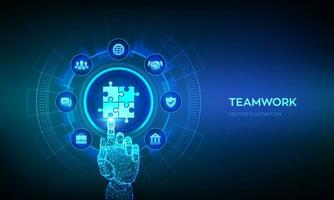 Teamwork. Puzzle Team elements icon. Business Partnership technology concept on virtual screen. Global cooperation communication network. Robotic hand touching digital interface. Vector illustration.