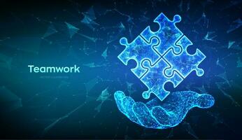 Teamwork. Puzzle elements in hand. Team metaphor. Symbol of teamwork, cooperation, partnership, association and connection. Polygonal puzzle pieces. Business concept of connecting. Vector Illustration