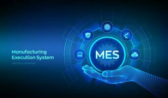 MES icon in wireframe hand. Manufacturing execution system. Business industrial technology concept on virtual screen. Automation Software. Innovation, improving productivity. Vector illustration.