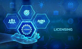 Licensing. License agreement concept in wireframe hands. Copyright protection law license property rights. Business technology concept on virtual screen. Vector illustration.