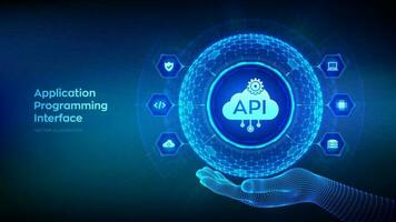 API. Application Programming Interface in the shape of sphere with hexagon grid pattern in wireframe hand. Software development tool, cloud computing technology concept. Vector illustration.