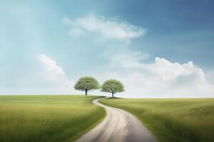 The landscape of grass fields and blue sky road leading off into the distance. . photo