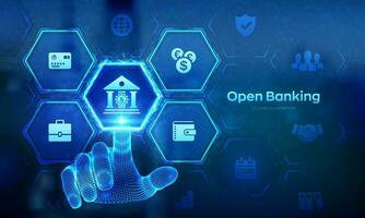 Open banking. Banking service. API financial technology. Fintech business concept on virtual screen. Wireframe hand touching digital interface. Vector illustration.