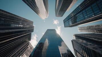 Bottom view of modern skyscrapers in business district. . photo