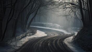 Snowy and frozen mountain road in winter landscape. . photo