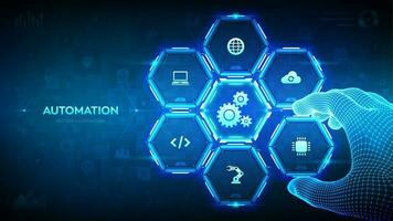 Automation Software. IOT and Automation concept as an innovation, improving productivity in technology. Wireframe hand places an element into a composition visualizing Automation processes. Vector. vector