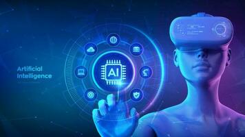 AI. Artificial Intelligence. Girl wearing VR headset glasses touching digital interface with AI icon. Machine Learning Concept. Big data innovation technology. Neural networks. Vector illustration.