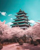 Japanese castle and Beautiful pink cherry blossom. . photo