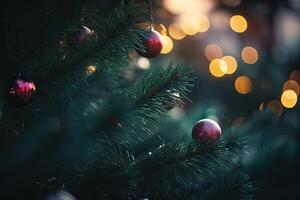 cerca arriba ver de hermosa abeto ramas con brillante vistoso chuchería o pelota, Navidad adornos y luces, Navidad Días festivos antecedentes. generativo ai. foto