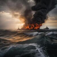 Fire on a cargo ship. A ship carrying liquefied gas is engulfed in flames. Explosion and fire on a gas carrier on the high seas. . photo