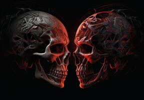 Two skulls terminator look at each other black background. . photo