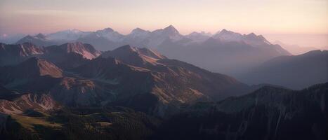 Aerial View from Airplane of Snow Covered Mountain Landscape in Winter. Colorful Pink Sky Art Render. . photo