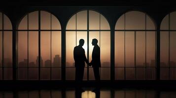 silhouettes two businessmen handshake in cooperation agreement concept at office and successful business partner. business man shaking hands to seal a deal with his partner. Generative Ai. photo