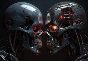 Two skulls terminator look at each other black background. . photo