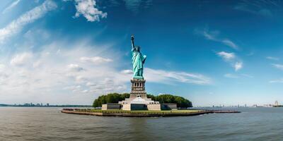 The Statue of Liberty free of tourists and New York City Downtown. . photo