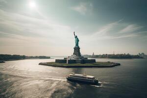 The Statue of Liberty free of tourists and New York City Downtown. . photo