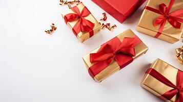 Christmas composition. Gifts, red decorations on white background. Christmas, winter, new year concept. Flat lay, top view, copy space. . photo