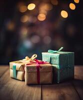 Christmas presents wrapped in red paper with gold ribbon on wooden table background and bokeh. Place for typography and logo. Copy space. . photo