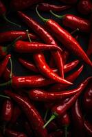 Red hot chilli peppers pattern texture background. Close up. A backdrop of Red hot chilli peppers. . photo