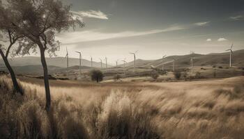 Panoramic view of wind farm or wind park, with high wind turbines for generation electricity with copy space. Green energy concept. . photo