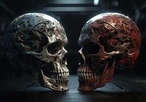 Two skulls terminator look at each other black background. . photo