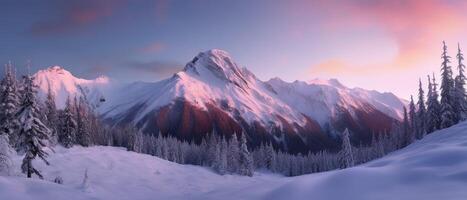 Aerial View from Airplane of Snow Covered Mountain Landscape in Winter. Colorful Pink Sky Art Render. . photo