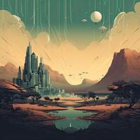 Illustration of Exoplanet fantastic landscape. Beautiful views of the mountains and sky with unexplored planets. . photo