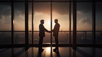 silhouettes two businessmen handshake in cooperation agreement concept at office and successful business partner. business man shaking hands to seal a deal with his partner. . photo