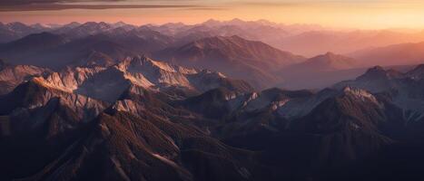 Aerial View from Airplane of Snow Covered Mountain Landscape in Winter. Colorful Pink Sky Art Render. . photo