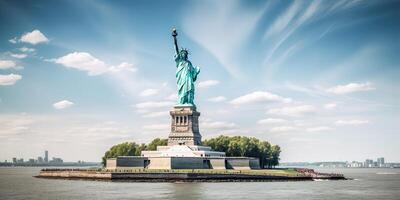 The Statue of Liberty free of tourists and New York City Downtown. . photo