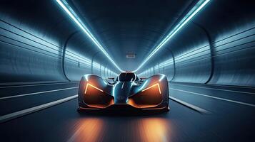 futurista Deportes coche en carretera. poderoso aceleración de un superdeportivo en un noche pista con luces y caminos. 3d ilustración. generativo ai. foto