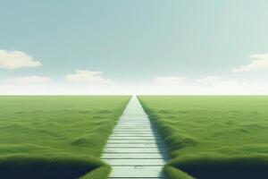 The landscape of grass fields and blue sky road leading off into the distance. . photo